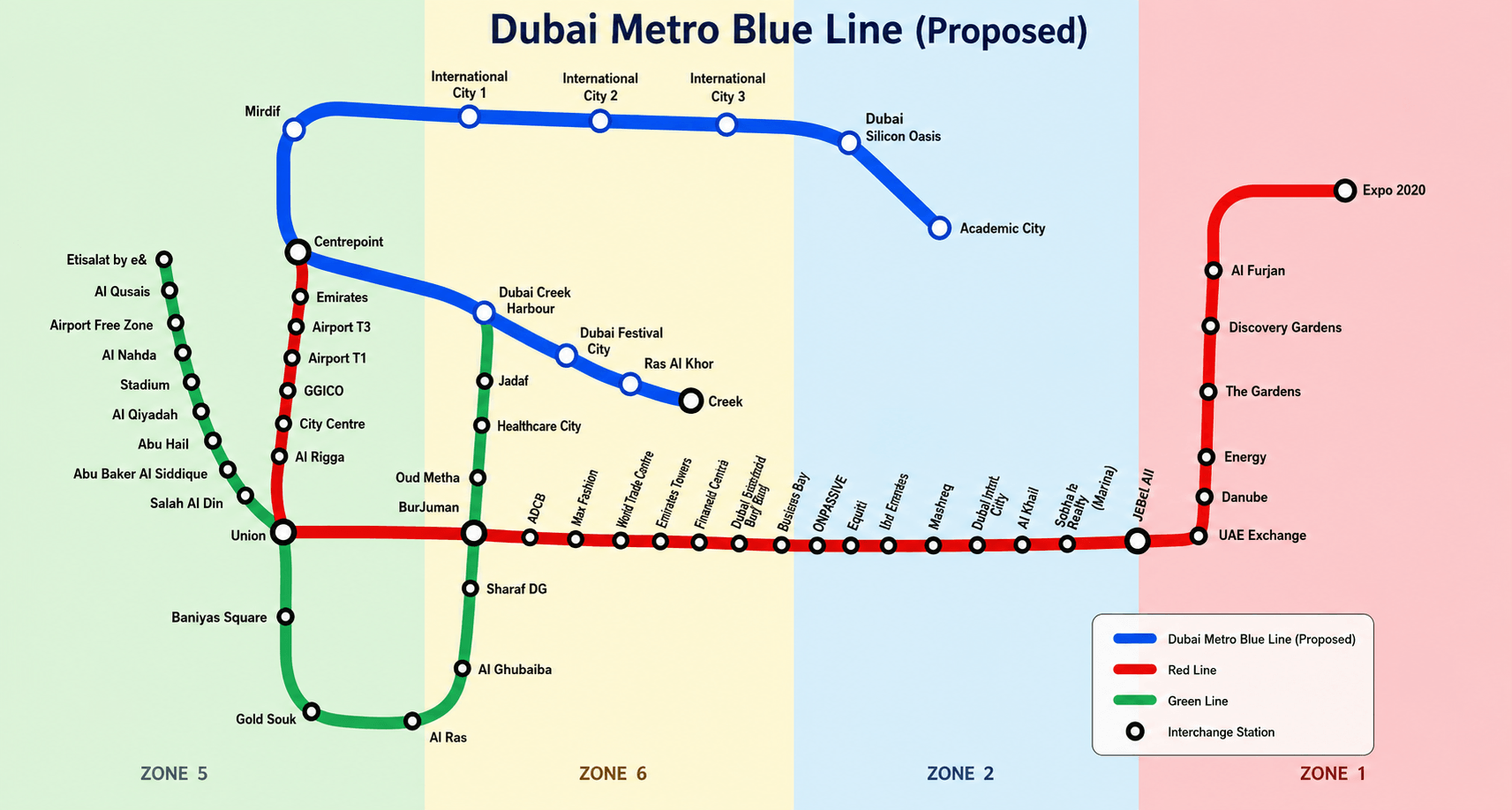 Dubai Metro Blue Line Proposed Route Map